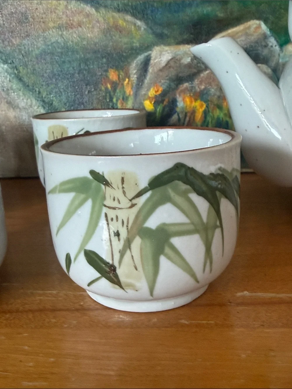 Mid Century Hand-Painted Bamboo Ceramic Tea Set in White and Green